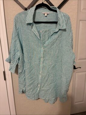 crown & ivy Teal and White Striped Casual Button-Down Shirt
